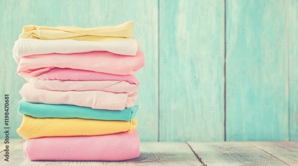 Poster stacked neatly folded clothes in soft pastel colors displayed on a wooden table with a light blue ba