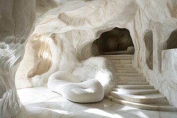 Luxurious cave interior with white sofa and staircase.