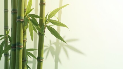 Obraz premium Five lush bamboo stalks, adorned with vibrant green leaves, stand elegantly in an indoor setting. Thin brown bands embrace each stalk, enhancing their natural beauty against a subtle backdrop