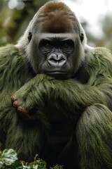Obraz premium Powerful gorilla, pensive gaze, lush green fur.