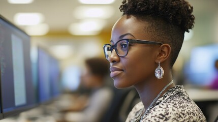Focused programmer working on multiple screens, coding in a collaborative tech environment during office hours