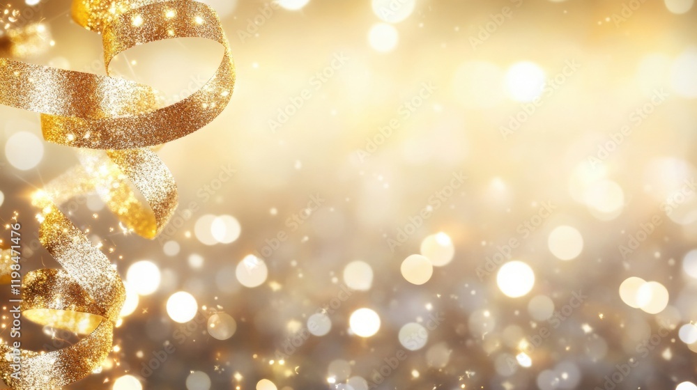 Poster golden ribbon curls intertwine with bokeh lights, illuminating the space with a warm, festive glow a