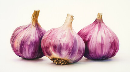 Watercolor Illustration of Three Purple Garlic Bulbs | A beautifully detailed watercolor painting of three fresh purple garlic bulbs, perfect for culinary-themed projects, recipe illustrations
