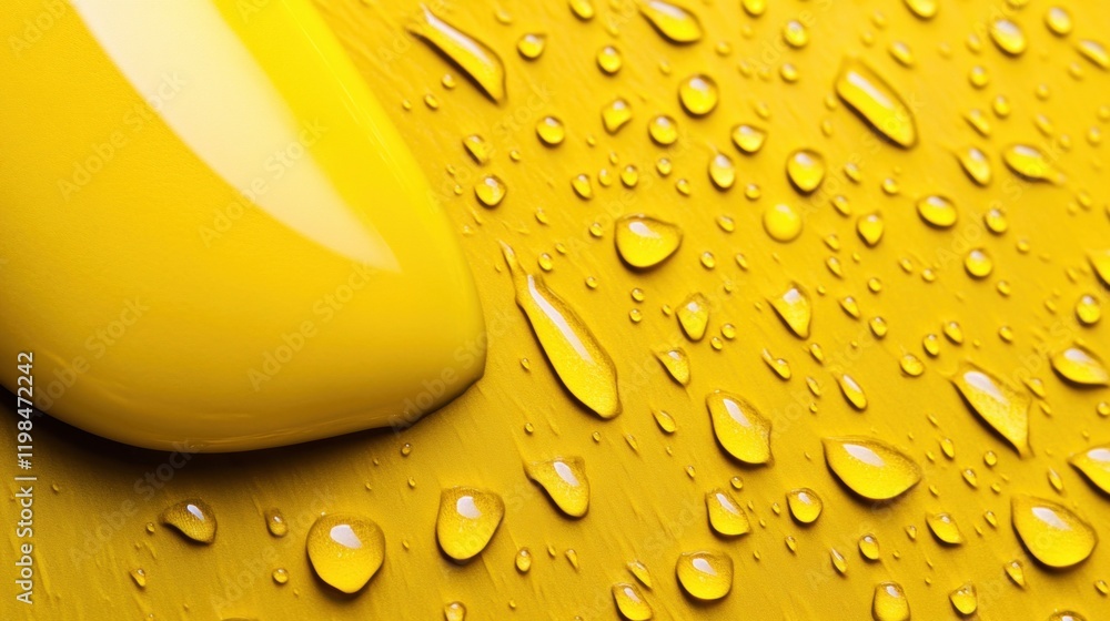 Poster yellow oil droplets rest on a bright surface, reflecting light and creating a stunning visual effect