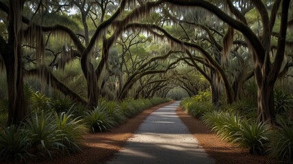 Fototapeta premium spanish moss,Serene Forest Trail Covered by Trees Draped in Spanish Moss