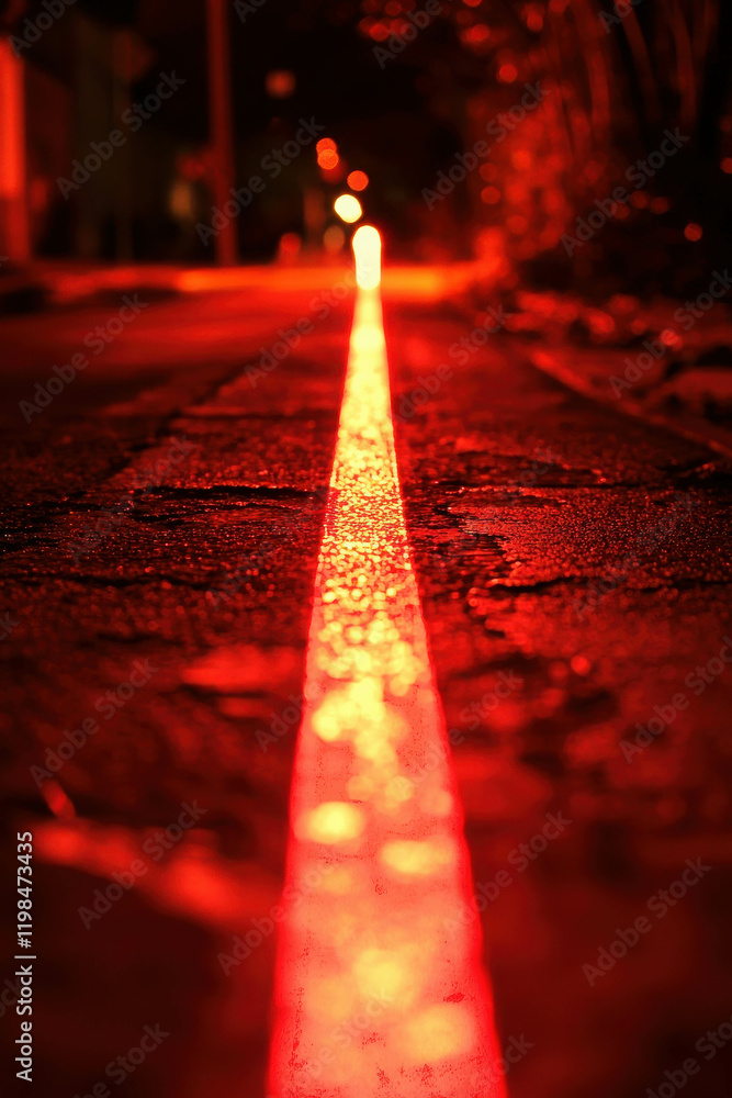 Aufkleber red light effect on straight line in night street creating atmospheric vibes and depth