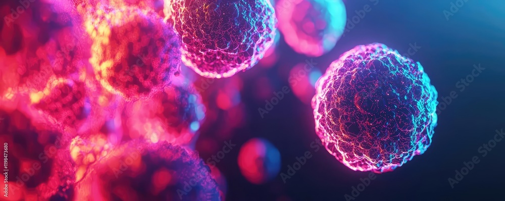 Poster dust pollution concept. colorful microscopic view of cells under a microscope in a dark background.