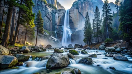 Fototapete Serene Waterfall Cascading Through Majestic Mountain Gorge,  Surrounded by Lush Evergreen Trees and Smooth River Rocks © PloyJai