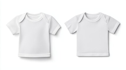 Fototapeta premium Two plain white t-shirts, laid out on a clean white background.