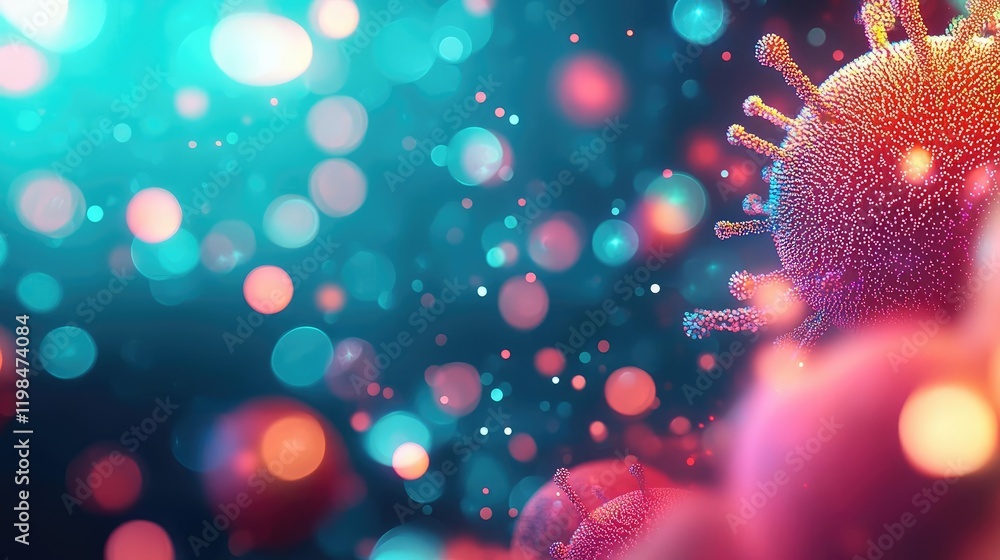 Poster dust pollution concept. detailed view of virus cells illuminated by colorful light particles in a dy