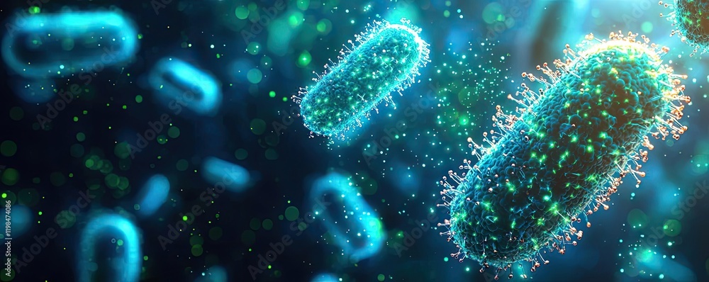 Poster dust pollution idea. close-up of bacteria with glowing effects in a microscopic view showcasing deta