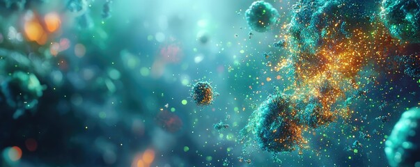 Fototapeta premium Dust pollution idea. Abstract depiction of vibrant microorganisms in an illuminated microscopic view.