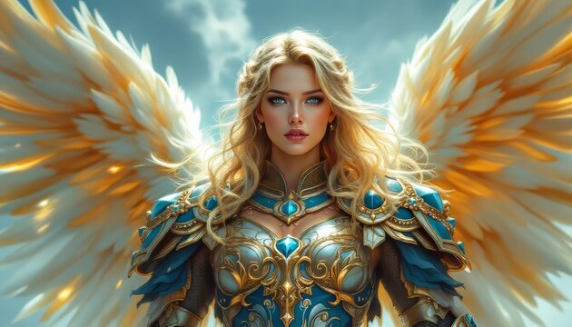 Female angel warrior with golden wings and ornate armor, exuding strength and grace.