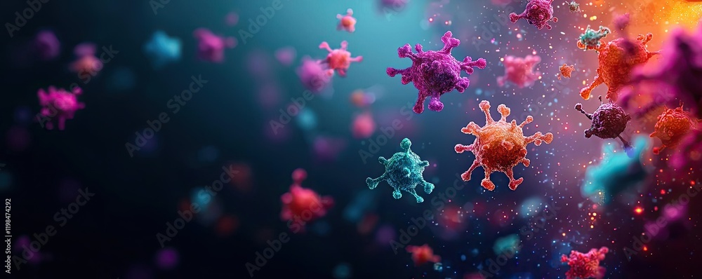 Poster dust pollution idea. colorful microscopic view of virus particles in dynamic motion against a vivid 