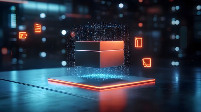 A glowing archive box in a dark room emits floating files and digital icons. The minimalist setup highlights the simplicity and efficiency of organized information storage.