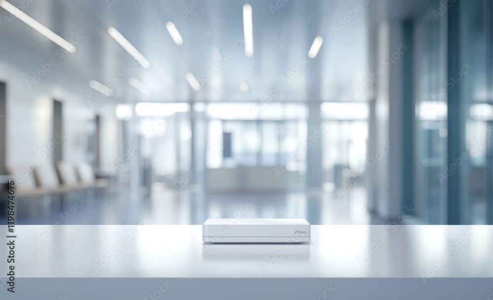 Poster white rectangular device on a white surface in a modern office.