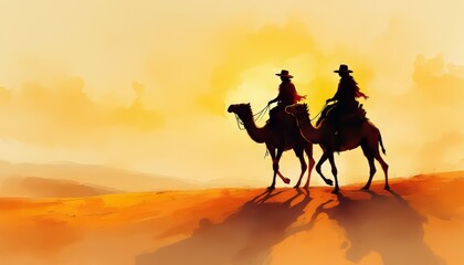 Two riders on camels silhouetted against a glowing sunset in a desert landscape.
