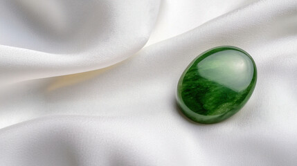 Smooth Oval Jade Gemstone Resting on Soft White Fabric Surface