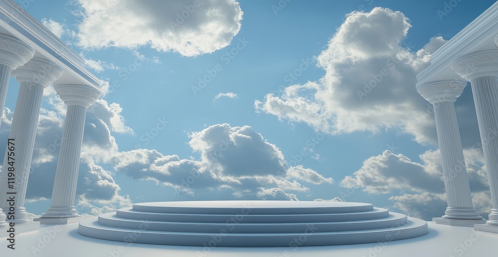 Poster serene cloudscape backdrop with classical columns and circular platform.