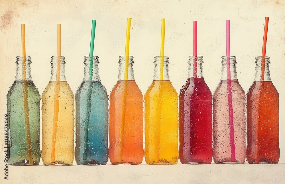 Poster a vibrant display of colorful soft drinks in glass bottles with straws arranged in a line, showcasin