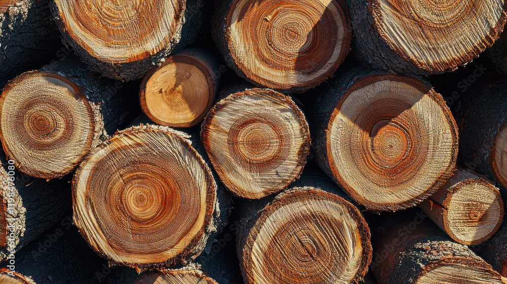 Aufkleber stack of freshly cut timber logs displaying natural patterns and textures of rough bark