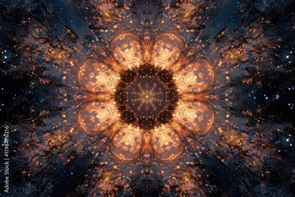 Poster abstract cosmic kaleidoscope a symmetrical starry nebula pattern with fiery golden orbs.