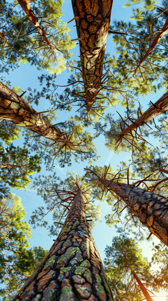 Poster forest with tall trees reaching up to the sky. the trees are covered in moss and leaves, creating a 