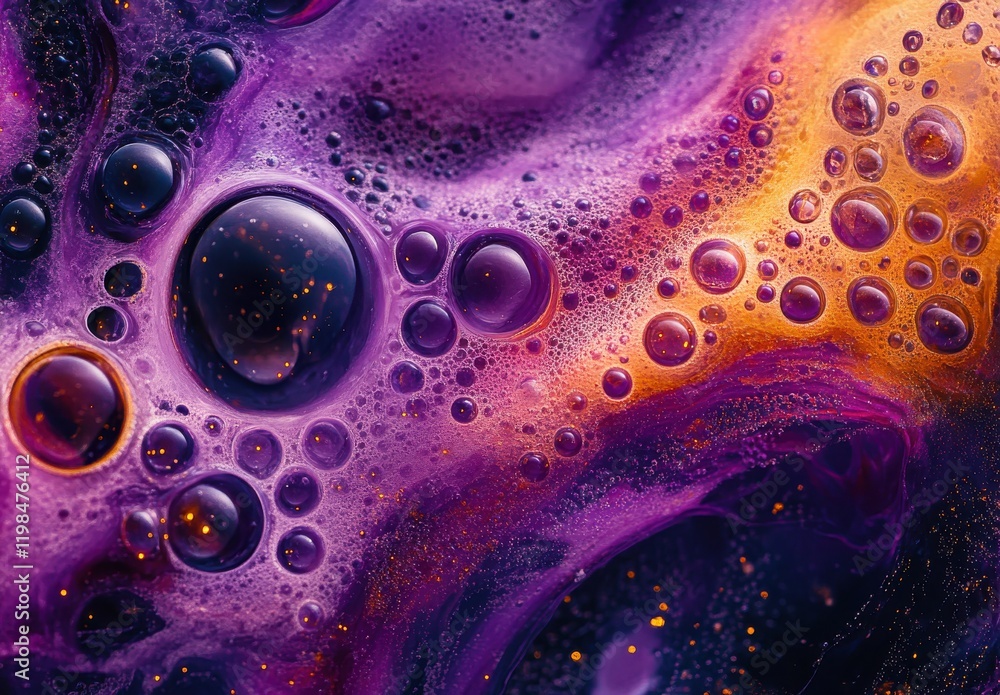 Poster abstract purple and orange liquid background featuring vibrant bubbles and swirling patterns, creati