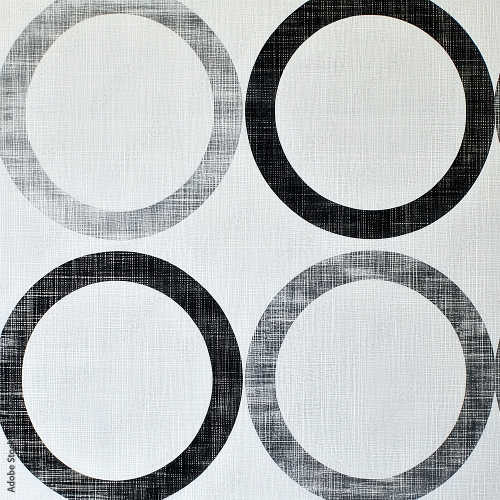 Poster Abstract Seamless Pattern with Interlocking Black and Gray Circles on White Textured Background.
