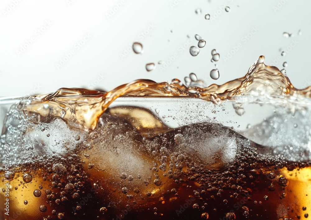 Poster Bubbles and Splashes: Close-Up of Refreshing Carbonated Drink with Ice Cubes in a Glass, Capturing the Dynamic Motion and Fizzy Texture