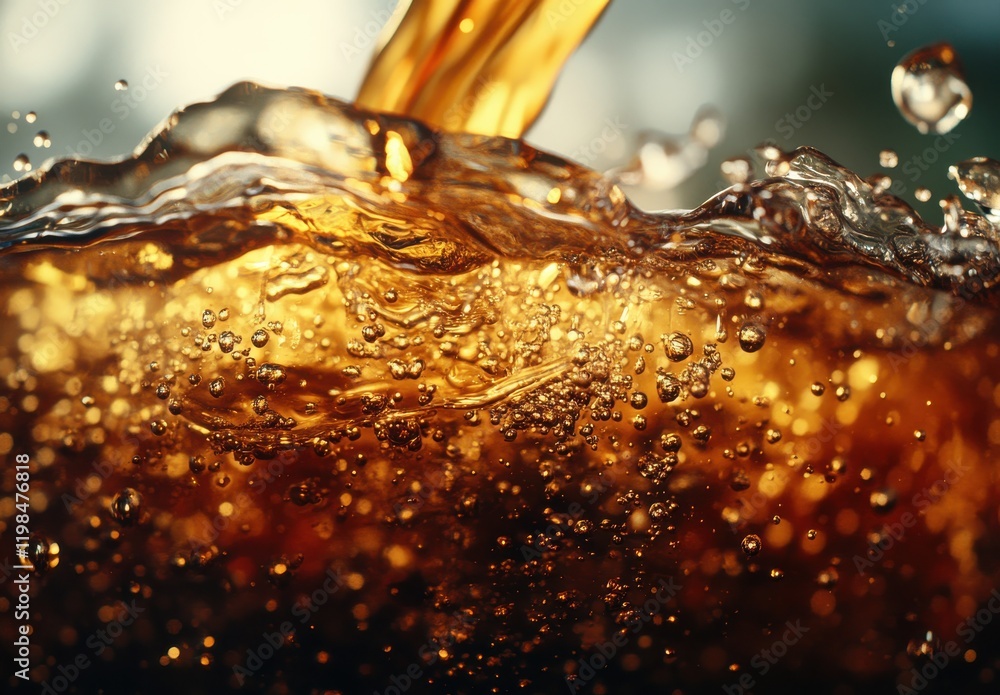 Poster captivating close-up of amber liquid with bubbles and splashes, showcasing the beautiful dynamics of