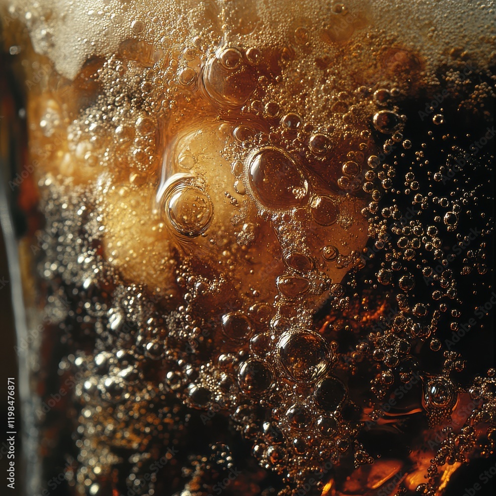 Poster close-up image of refreshing carbonated beverage with ice cubes and bubbles, capturing the texture a