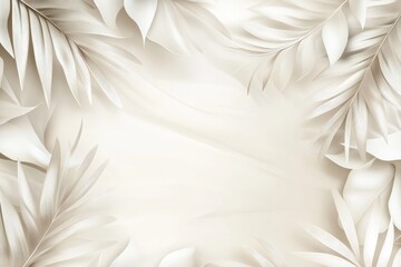 Elegant cream tropical leaf frame on silk fabric background.