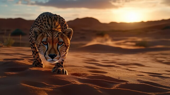 Majestic Cheetah in a Desert Landscape During Sunset with Warm Light Casting Shadows on the Dunes, Capturing Nature's Beauty and Graceful Movement