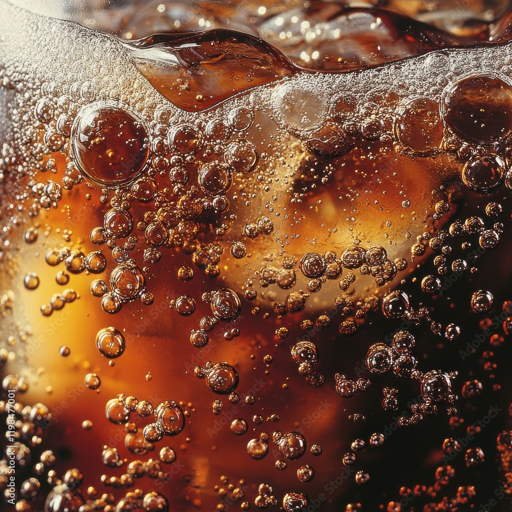 Poster close-up of carbonated beverage with bubbles and effervescence capturing the refreshing nature of so