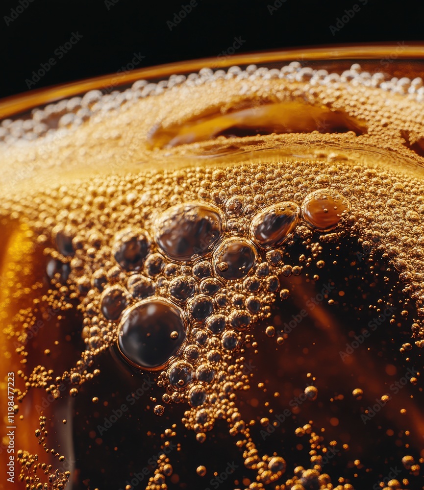 Poster close-up view of bubbles rising in a refreshing carbonated beverage with rich golden color and intri