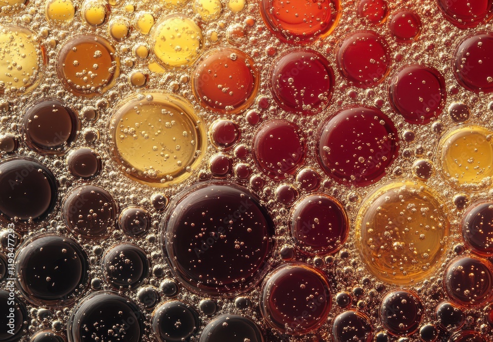 Poster close-up view of colorful bubbles in carbonated beverage highlighting the intricate patterns and tex