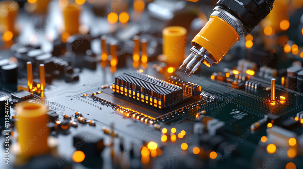 Aufkleber close up view of circuit board with solid state components, showcasing intricate details and glowing elements. image captures essence of modern technology and innovation
