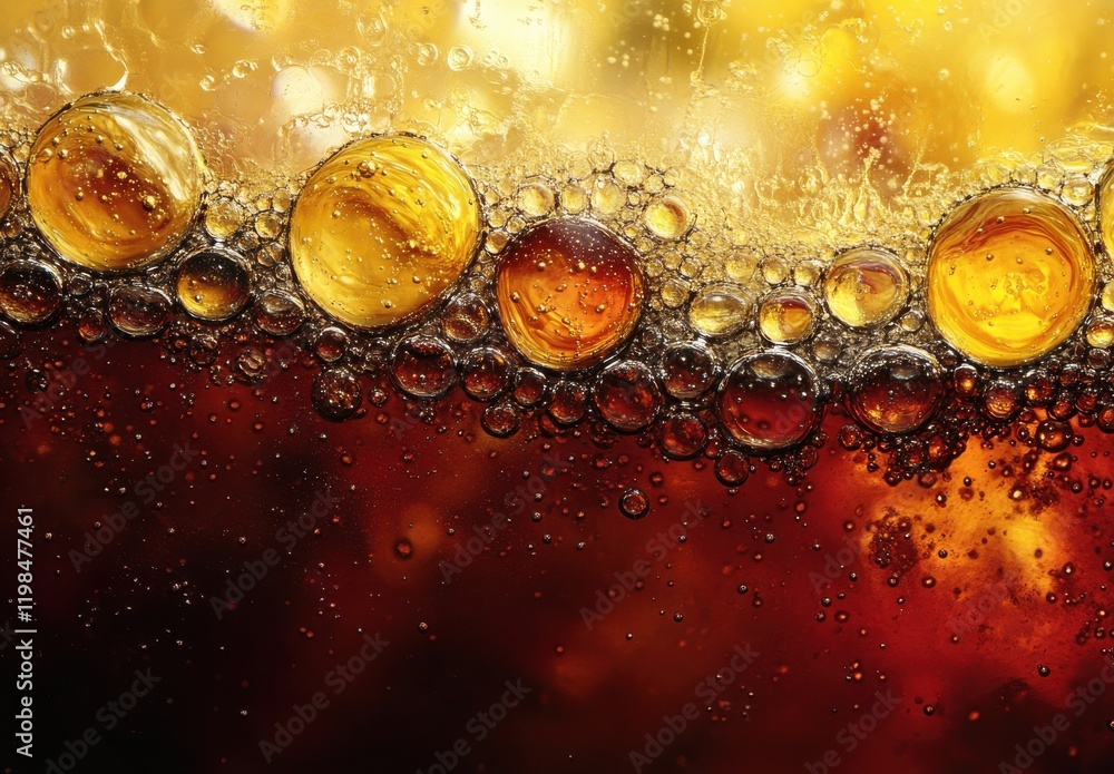 Poster close-up view of effervescent bubbles in refreshing carbonated beverage with vivid amber and dark br