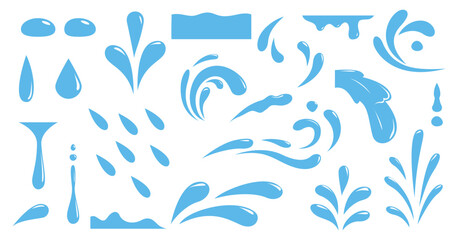 Set of water drops, splash, rain, waves, pouring, spray, water design elements