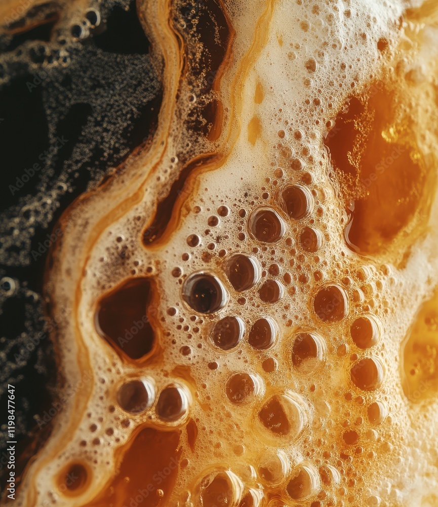 Poster Close-Up View of Rich Brown Beer Foam with Bubbles and Swirling Patterns Creating an Enticing and Textured Background for Beverage and Culinary Themes