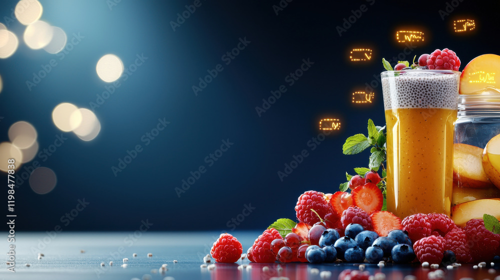 Poster fresh fruit juice with berries and mint on dark background, creating vibrant and refreshing scene. p