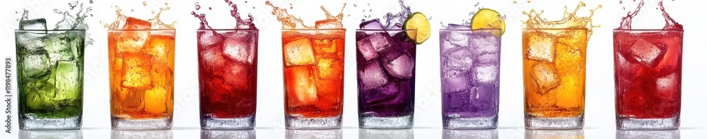 Poster colorful assortment of refreshing beverages with ice cubes and splashing action showcasing a variety