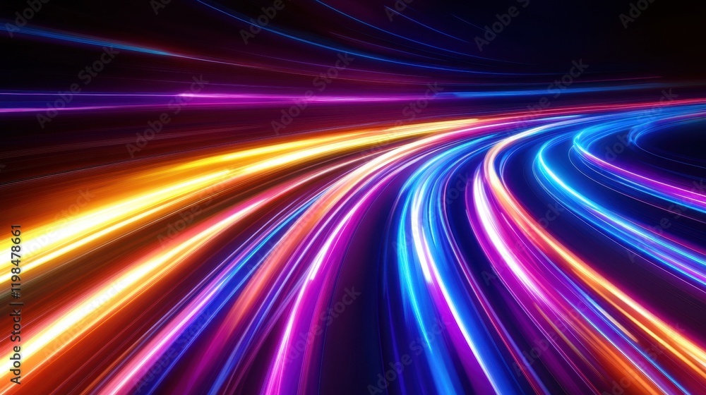 Poster dynamic abstract background of glowing neon light trails in motion, curved and swirling lines in vib