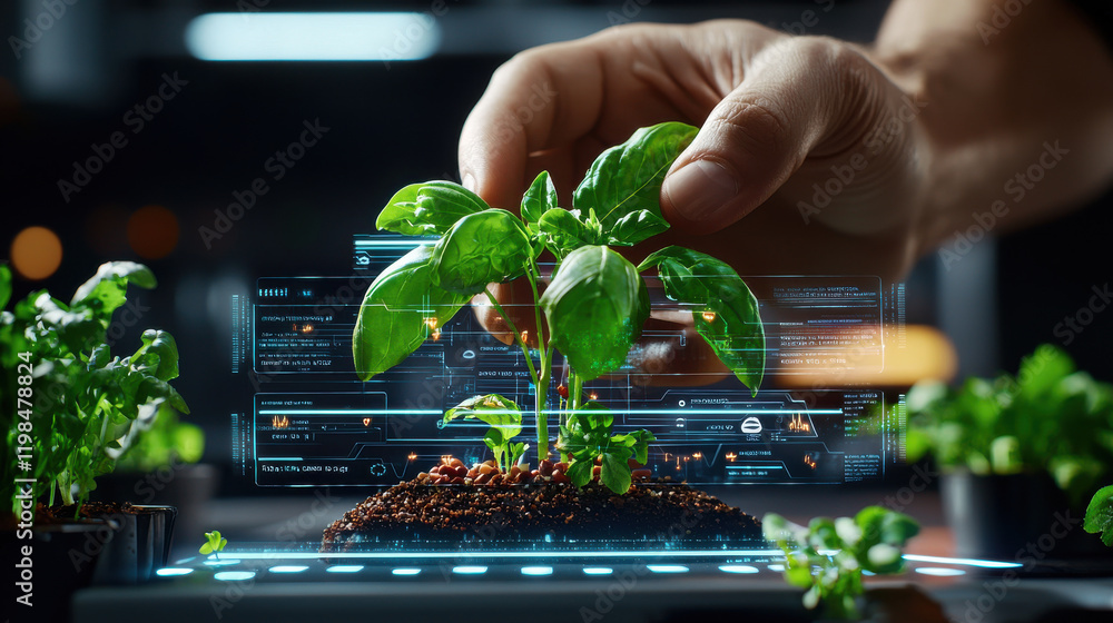 Poster hand gently holds basil plant, showcasing futuristic technology with digital data overlays. this cap