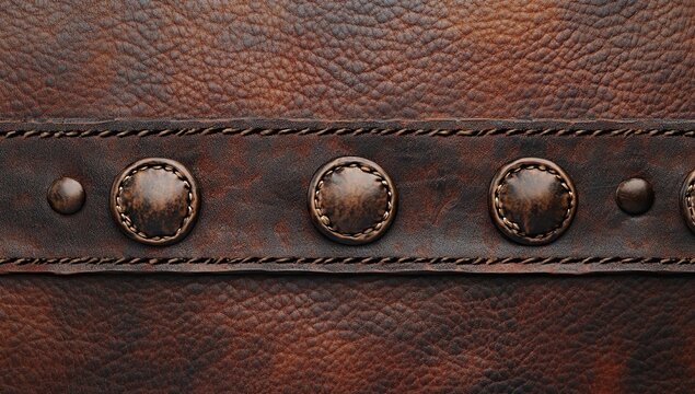 Artisan Leather Texture: Handcrafted Brown Leather with Decorative Stitching and Metal Conchos, Detailed Close-up View Shows Exquisite Craftsmanship.