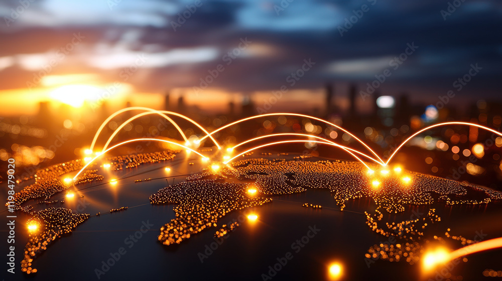 Leinwandbilder global network map illuminated by glowing connections, showcasing interconnected cities against suns