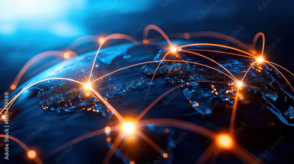 Poster global network map showcasing interconnected nodes and vibrant lines, symbolizing digital communicat