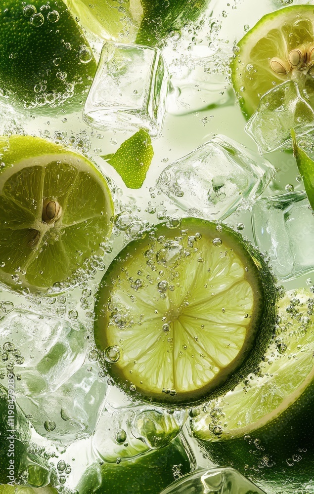 Poster fresh lime slices surrounded by ice cubes and bubbles in clear beverage water, creating a refreshing