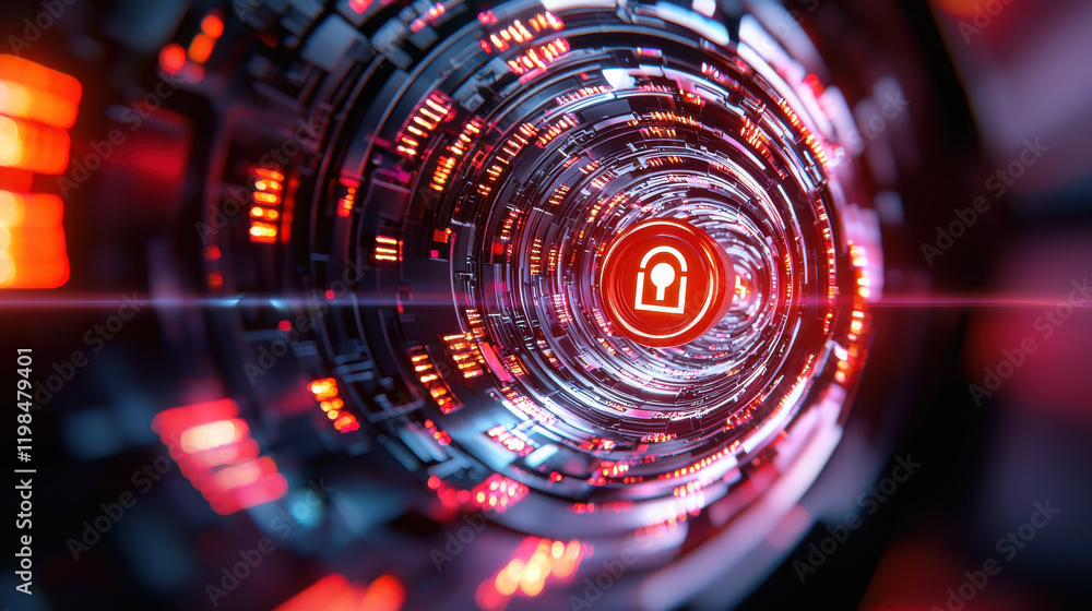 Poster visually striking abstract representation of digital security, featuring central lock icon surrounde